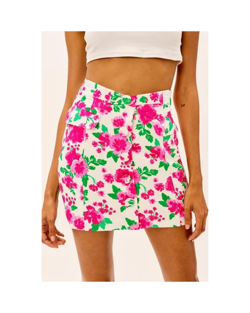 Koralowo biała lniana spódniczka