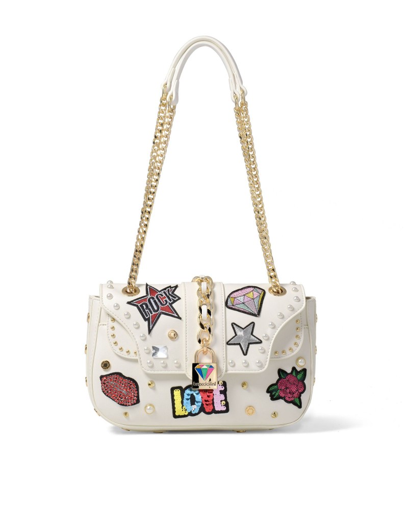 Torebka biała z naszywkami