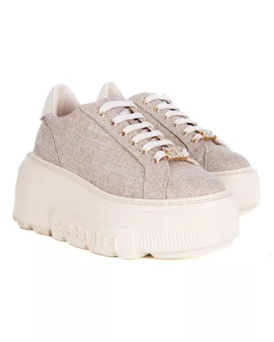 Beżowe materiałowe sneakersy na platformie